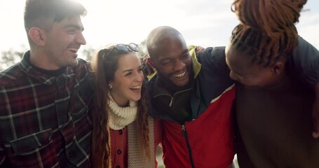 Wall Mural - Group, couple of friends and laughing outdoor for fun, quality time and bonding together. Happy men, women and diversity of people hug with smile for support, freedom and funny double date at park