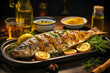 Whole Roasted Branzino, a whole Mediterranean sea bass roasted to perfection, stuffed with fresh herbs and served with a drizzle of olive oil and lemon
