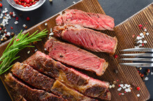 Cooked Beef Steak, Beef Organic Meat, Dark Black Background