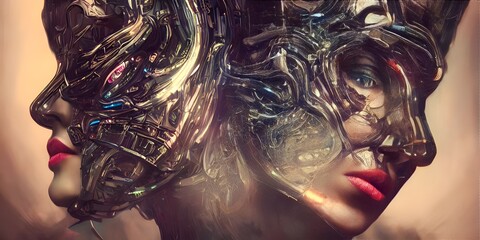 robotic woman with golden make up and hairstyle