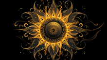 An Ornate Golden Sun On A Black Background, In The Style Of Realism With Fantasy Elements, Baroque Energy, Kinuko Y. Craft, Arabesque/scroll, Warmcore, Realistic Depiction Of Light, Fantasy Illustrati