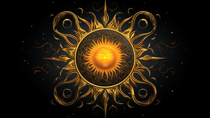 an ornate golden sun on a black background, in the style of realism with fantasy elements, baroque energy, kinuko y. craft, arabesque/scroll, warmcore, realistic depiction of light, fantasy illustrati