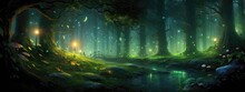 Luminous Fireflies Dance Among Lush Green Foliage, Forming An Enchanting Nocturnal Forest Background. Generative AI