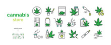 Set Of Vector Line Icons Of Cannabis Store. Medical Marijuana. Legal Use Of Cannabis. 