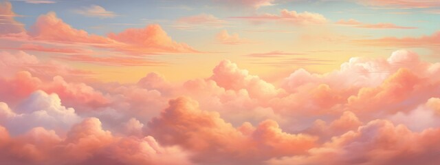 Wall Mural - Soft pastel clouds blend seamlessly against a warm sunset horizon, crafting a serene sky background. Generative AI