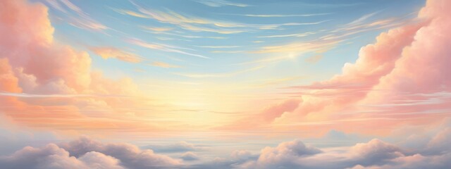 Canvas Print - soft pastel clouds blend seamlessly against a warm sunset horizon, crafting a serene sky background.