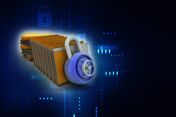 Poster - 3D rendering Yellow folder and lock. Data security concept
