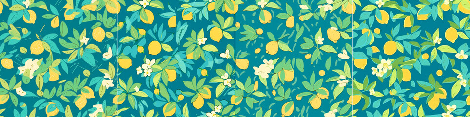 Wall Mural - seamless repeating pattern with hand drawn anime lemons. Include colors such as yellow, tan, blue and various shades of green.