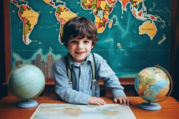 A young student in a geography class schoolroom, dressed in pastel colors, stares intently at two globes on his desk, eager to learn more about the world beyond his own