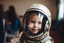 A Small Child Imagines Himself To Be An Astronaut In An Astronaut's Helmet.