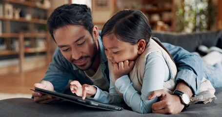 Wall Mural - Father, tablet and happy kid in home living room, streaming movie or video of cartoon for bonding. Technology, smile and girl with dad on sofa to scroll social media, gaming app or browsing internet.