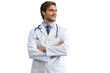 © ty - Portrait of doctor standing on a transparent background wearing lab coat and stethoscope.