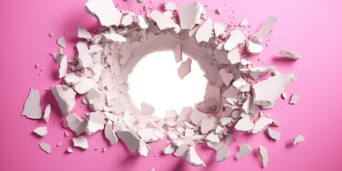 Breaking out of a hole in solid Pink wall, torn hole, empty copy space frame, mockup. Generative AI image weber.