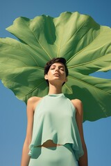 A surreal portrait of a woman standing outdoors under a large green leaf on a summer day, wearing pastel clothing as the sky looms above