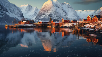 Sticker - Little fishing village A on Lofoten islands in winter. Generative Ai