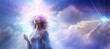 © Yuliya - Beautiful young African America woman with closed eyes praying. Blue sky with clouds background with lights around her head.  Spiritual or religious concept. Banner with copy space. Generative AI.