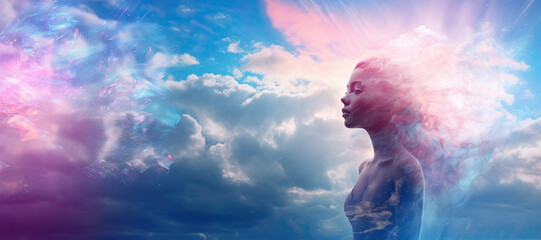 beautiful profile of a young woman. blue and pink sky with clouds background. spiritual or religious