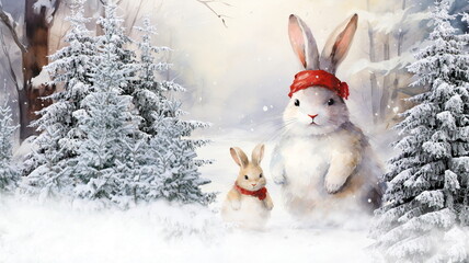 Wall Mural -  Christmas bunny snowman with red scarf on winter snowy forest vintage Christmas Card template,copy space 