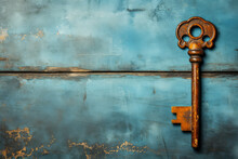Vintage Old Key On A Blue Wooden Table