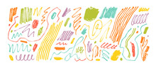 Multi Colored Fun Line Doodle, Squiggles And Scribbles Set. Abstract Squiggle Style Drawings, Hand Drawn Marker Scribbles. Vector Colorful Pencil Sketches, Charcoal Lines. Childish Rough Crayon Stroke