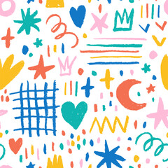 fun colorful doodle shapes seamless pattern. childish style charcoal drawing. hand drawn abstract sq