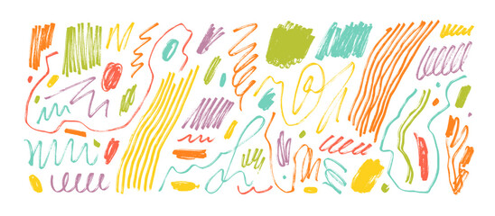Aufkleber - Multi colored fun line doodle, squiggles and scribbles set. Abstract squiggle style drawings, hand drawn marker scribbles. Vector colorful pencil sketches, charcoal lines. Childish rough crayon stroke