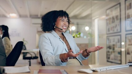 Poster - Customer service conversation, office video call and happy woman consulting, talking or telemarketing in web sales pitch. Business communication, online conference smile and female person on webinar