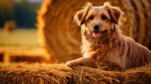 Idyllic Bale Of Hay In A Farm Field And A Dog Laying On Top Of It. Golden Summer Evening With Sunset. Autumn Harvesting Background.