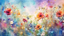 Watercolor Meadow With Poppies And Butterflies. Digital Painting