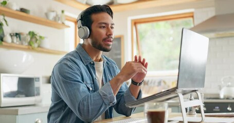 Aufkleber - Remote work from home, video call and man with a laptop, internet connection or conference call. Male person, entrepreneur or speaker with a pc, conversation or webinar with conversation in a kitchen
