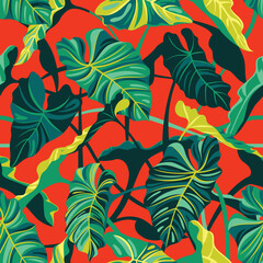 Wall Mural - Hand drawn seamless pattern with tropical leaves on red background. Vector illustration.