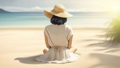 Wall Mural - asian woman on the beach with copy space