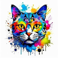  Colored cat muzzle in eyeglasses with paint splash on white background.T-shirt painted print for design.Generative AI