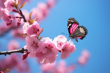Aufkleber - Pink blossoming almond and flying butterfly.