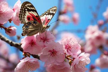 Poster - Pink blossoming almond and flying butterfly.