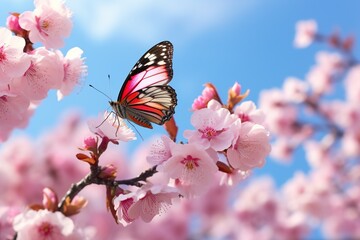 Aufkleber - Pink blossoming almond and flying butterfly.