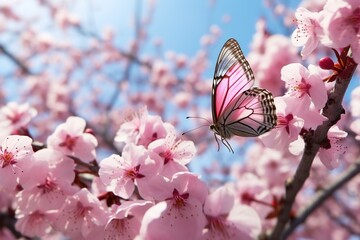 Aufkleber - Pink blossoming almond and flying butterfly.