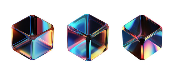 Set of 3d crystal glass cubes with refraction and holographic effect isolated on transparent or white background, png