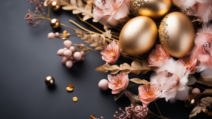 Canvas Print - Happy Easter concept with golden easter eggs, feathers and spring flowers. Easter background with copy space.