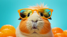 Funny And Colorful Guinea Pig With Sunglasses And A Colorful And Bright Background. Summer Vacation Concept. Generative Ai