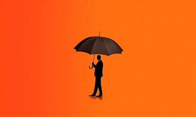 Canvas Print -  a man holding a black umbrella on an orange and orange background.  generative ai