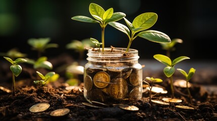 Wall Mural - plant growing from coins. A seedling is growing on a coin. Coins and plants are grown on a pile of coins. financial growth. investment, finance. generative Ai