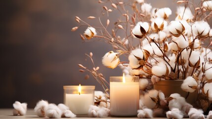 christmas candle, table with cotton flowers and scented candles. Background. spa