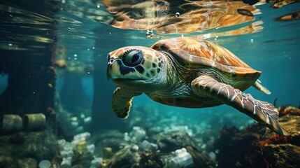 Wall Mural - turtle swimming in the sea. ocean, sea pollution with plastic waste. Ecological catastrophe, problem. Turtle in a dirty ocean, pond, sea