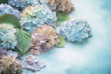 blue and pink hydrangeas on blue background. generative ai