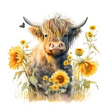 Watercolor Clipart Drawing Of A Highland Cow With Sunflowers, White Background, High Resolution