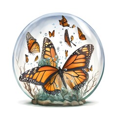 watercolor mystical hyperrealistic clipart a crystal ball and monarch butterflies, white background,