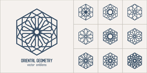 Wall Mural - Arabic hexagonal geometric symbols set. Vector monochrome mosaic oriental ornamental emblems