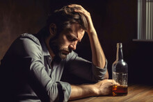 Drinking Or Alcohol Abuse Problem. Man Sitting At Desk With Alcoholic Drink, Looking Tired And Sad. Generative AI