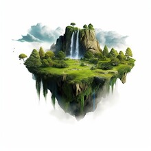 Flying Land With Beautiful Landscape, Green Grass And Waterfalls Mountains. Fantasy Floating Island With Lake And Waterfalls, Trees, Mountains. Isolated With Clouds. Forest Island. Generative Ai.